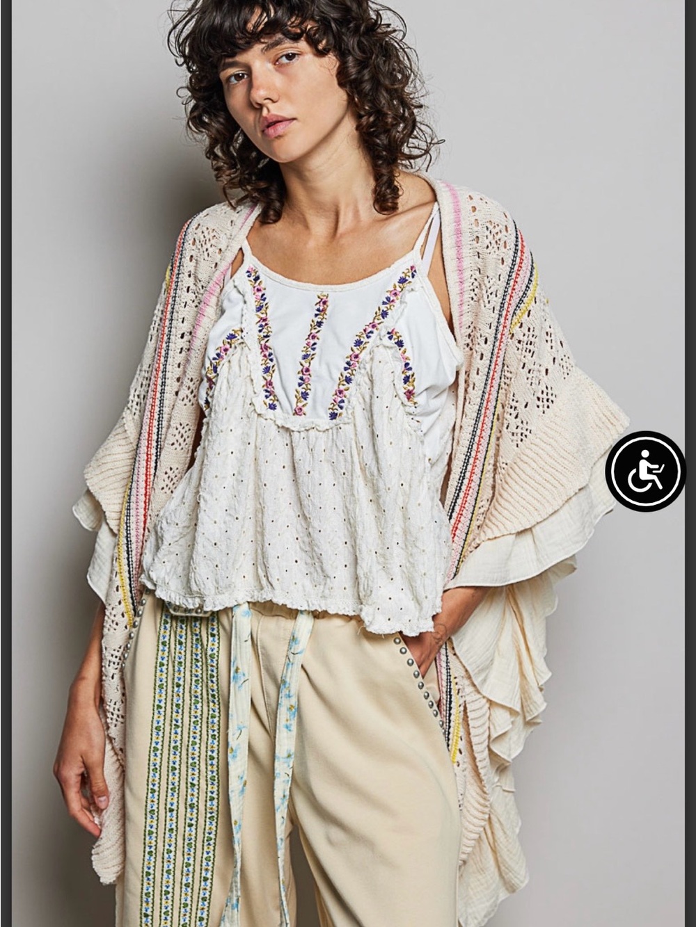 POL Cream Crochet Open-Front Poncho with Pink and Yellow Stripe Trim